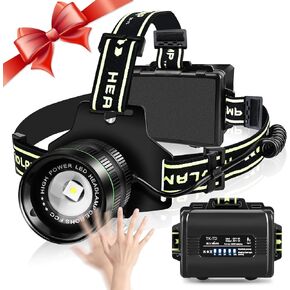 LED Rechargeable Headlamp, 100000 Lumens Super Bright Headlight with Motion Sensor, 5 Modes Zoomable Head Lamp, 180°Adjustable, IPX6 Waterproof Head Lamp for Camping, Running, Climbing, Hiking