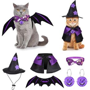 6 Pcs Cat Halloween Costumes Set Funny Wizard Cat Clothes Cloak Wings Halloween Adjustable Cat Hats Bow Ties Neckties Halloween Ornament Bells