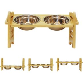 Small Elevated Dog Bowls Stand - Adjustable Height for Medium and Small Dogs, Durable Bamboo with 2 Stainless Steel Bowls, Non-Skid Feet & Latex Anti-Slip Mat