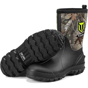 TIDEWE Rubber Boots for Men, 5.5mm Neoprene Insulated Rain Boots with Steel Shank, Waterproof Mid Calf Hunting Boots, Durable Rubber Work Boots for Farming Gardening Fishing (Black & Realtree Edge Camo, Size 5-14)