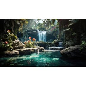 Tropical Forest Waterfall Aquarium Background Tropical Forest with Red Flower and Green Leaves Terrarium Background Tropical Garden Style Fish Tank Reptile Habitat Backdrop Decor Vinyl 30x18in