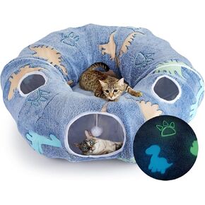 Foldable Cat Tunnel with Washable Mat,Glows in The Dark,4 Entry Points,for Cats,Rabbits,and Small Dogs,U-Shaped or Semi-Circle Tunnel with Hanging Ball Peekaboo Playground Toys Hideplace