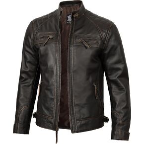 FJackets Real Lambskin Leather Biker Jacket - Quilted Cafe Racer Zip Up Moto Jackets Men