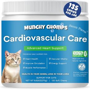 Cardio Chews for Cats - Advanced Cardiovascular Care - Heart Health & Circulation Support with Salmon Oil, Taurine, CoQ10 & More - Feline Supplement for Optimal Cardiac Function (Bacon)