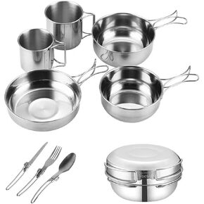 304 Stainless Steel Camping Mess Kit, 8 Pcs Camping Utensils Set, Camping Cutlery Set for 1-2 Persons, Ideal Travel Cutlery Set for Picnics, Camping,Backpacking & Hiking.