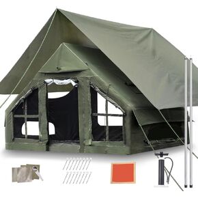 Inflatable Camping Tent, Luxury 4 Season Family Glamping Tents with Pump, Waterproof Canopy, Mesh Windows & Door, Clear Curtains & Skylight, for Travel & Adventure