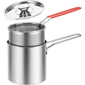 Mini Stainless Steel Deep Fryer Pot with Handle & Strainer Basket, Small Fryer Oil Mini Fryer, Food Grade Fryer with Lid, Portable Food Cooking Pot for Frying Fish Shrimp Chicken and Fries (3)