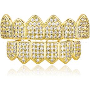 TOPGRILLZ Diamond Grills for Your Teeth Women 18K Gold Plated Fully Iced Out CZ Vampire Top and Bottom Face Mouth Men with Extra Molding Bars Cosplay Costume