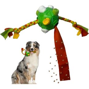 Snuffle ball with ropes, Dog puzzle, mentally stimulating toys for dogs, pet treat dispenser for training, stress relief. Hidden treats on cloth strip. Washable (blue and green)