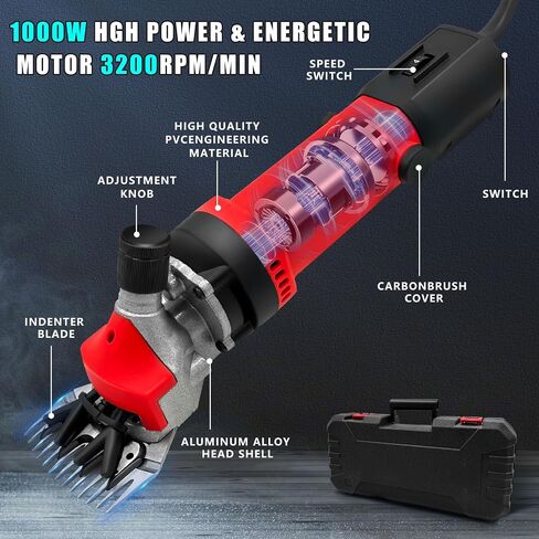 PAT JUUMG 1000W Sheep Shears Electric Farm Livestock Haircut with 2 Blades Professional Animal Clippers 6 Speed Heavy Duty Electric for Thick Horses Sheep Alpacas Goats(Red) in Saudi Arabia