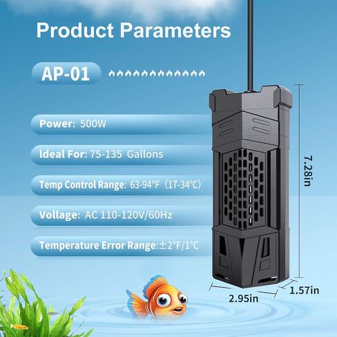 HiTauing Aquarium Heater, Upgrade AP01 300W/500W/800W/1000W Fish Tank Heater with Intelligent IC Chip Controller-Fast Heating, Precise Temperature Control for Saltwater and Freshwater in Kuwait