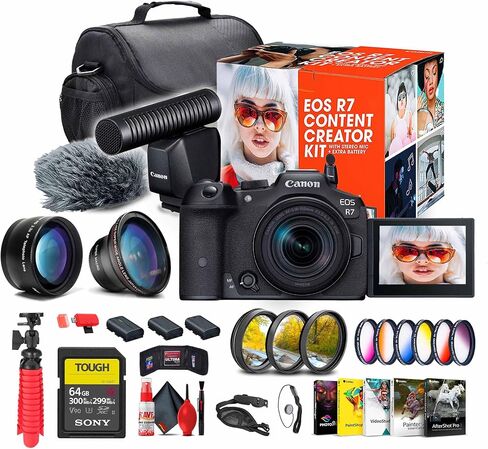 كاميرا Canon EOS R7 بدون مرآة مع مجموعة أدوات إنشاء المحتوى بعدسة مقاس 18-45 مم (5137C055) + بطاقة ذاكرة من سلسلة سعة 64 جيجابايت + مجموعة مرشحات الألوان + برنامج تصوير فوتوغرافي + حقيبة + عدسة واسعة الزاوية + المزيد (متجددة) in Saudi Arabia