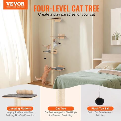 VEVOR 4 Tiers Cat Tree، مجموعة أثاث حائط للقطط مع 4 ألواح قفز، رف عائم للقطط مثبت على الحائط يصل إلى 40 رطل، 12 مم من خشب الصنوبر للقطط للنوم واللعب والتسلق in Saudi Arabia
