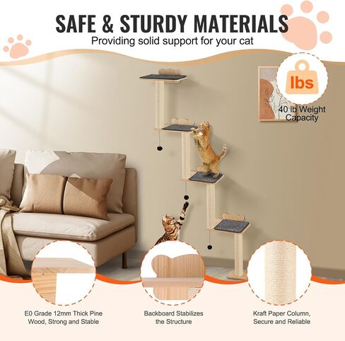VEVOR 4 Tiers Cat Tree، مجموعة أثاث حائط للقطط مع 4 ألواح قفز، رف عائم للقطط مثبت على الحائط يصل إلى 40 رطل، 12 مم من خشب الصنوبر للقطط للنوم واللعب والتسلق in Saudi Arabia