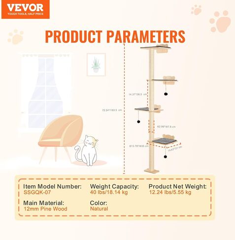 VEVOR 4 Tiers Cat Tree، مجموعة أثاث حائط للقطط مع 4 ألواح قفز، رف عائم للقطط مثبت على الحائط يصل إلى 40 رطل، 12 مم من خشب الصنوبر للقطط للنوم واللعب والتسلق in Saudi Arabia