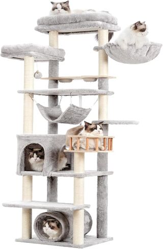 Cat Tree for Indoor Cats, 64" Tall Cat Tower with Scratching Post, Cat Condo and Platforms for Large Adult with Food Station, Cat Tunnel, Hammock, Cat Bowls, Light Gray GCT021W in Saudi Arabia