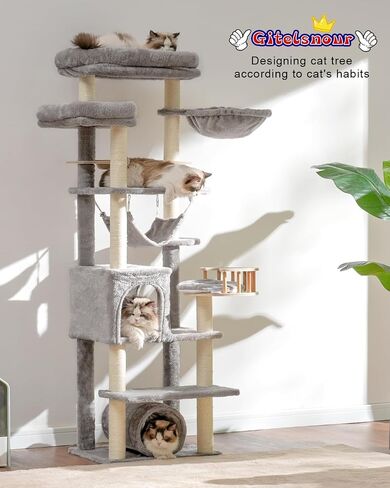 Cat Tree for Indoor Cats, 64" Tall Cat Tower with Scratching Post, Cat Condo and Platforms for Large Adult with Food Station, Cat Tunnel, Hammock, Cat Bowls, Light Gray GCT021W in Saudi Arabia
