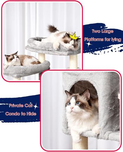 Cat Tree for Indoor Cats, 64" Tall Cat Tower with Scratching Post, Cat Condo and Platforms for Large Adult with Food Station, Cat Tunnel, Hammock, Cat Bowls, Light Gray GCT021W in Saudi Arabia