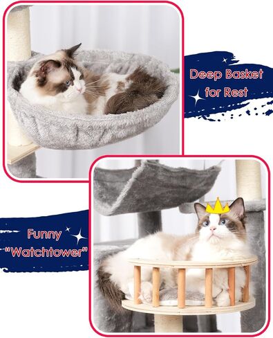 Cat Tree for Indoor Cats, 64" Tall Cat Tower with Scratching Post, Cat Condo and Platforms for Large Adult with Food Station, Cat Tunnel, Hammock, Cat Bowls, Light Gray GCT021W in Saudi Arabia