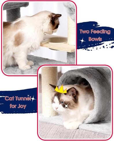 Cat Tree for Indoor Cats, 64" Tall Cat Tower with Scratching Post, Cat Condo and Platforms for Large Adult with Food Station, Cat Tunnel, Hammock, Cat Bowls, Light Gray GCT021W in Saudi Arabia