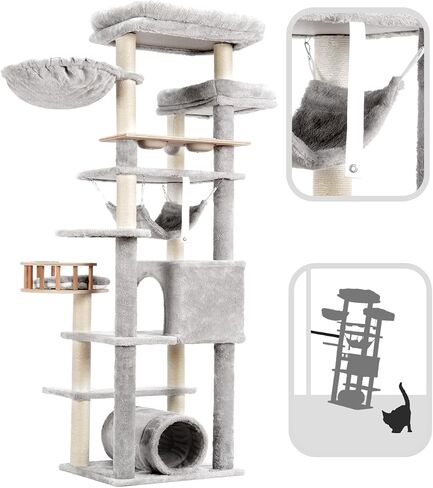 Cat Tree for Indoor Cats, 64" Tall Cat Tower with Scratching Post, Cat Condo and Platforms for Large Adult with Food Station, Cat Tunnel, Hammock, Cat Bowls, Light Gray GCT021W in Saudi Arabia