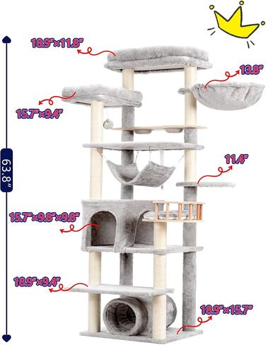 Cat Tree for Indoor Cats, 64" Tall Cat Tower with Scratching Post, Cat Condo and Platforms for Large Adult with Food Station, Cat Tunnel, Hammock, Cat Bowls, Light Gray GCT021W in Saudi Arabia