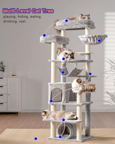 Cat Tree for Indoor Cats, 64" Tall Cat Tower with Scratching Post, Cat Condo and Platforms for Large Adult with Food Station, Cat Tunnel, Hammock, Cat Bowls, Light Gray GCT021W in Saudi Arabia