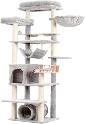 Cat Tree for Indoor Cats, 64" Tall Cat Tower with Scratching Post, Cat Condo and Platforms for Large Adult with Food Station, Cat Tunnel, Hammock, Cat Bowls, Light Gray GCT021W in Saudi Arabia