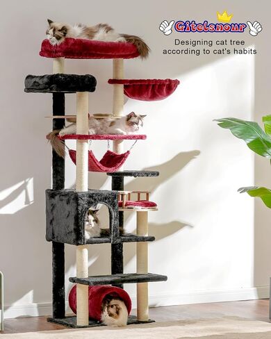 Cat Tree for Indoor Cats, 64" Tall Cat Tower with Scratching Post, Cat Condo and Platforms for Large Adult with Food Station, Cat Tunnel, Hammock, Cat Bowls, Light Gray GCT021W in Saudi Arabia
