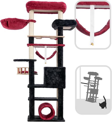 Cat Tree for Indoor Cats, 64" Tall Cat Tower with Scratching Post, Cat Condo and Platforms for Large Adult with Food Station, Cat Tunnel, Hammock, Cat Bowls, Light Gray GCT021W in Saudi Arabia