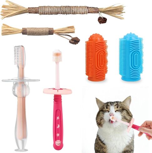 6Pcs Cat Tooth Brushing kit, Includes 360° Silicone Cat Toothbrushes with Suction Cup Holders Anti-choking, Dog Finger Toothbrushes, Dental Silvervine Catnip Toys - Safe Oral Hygiene for Dogs and Cats in Saudi Arabia