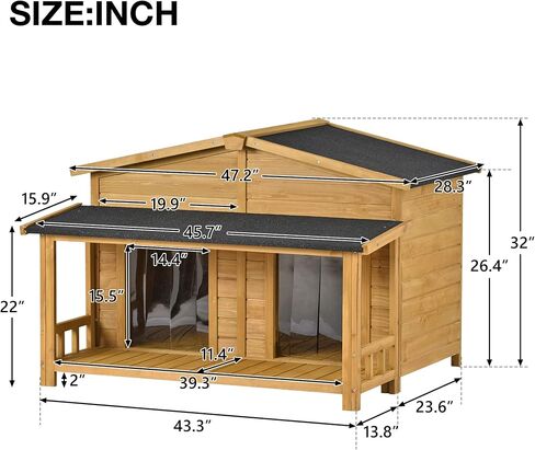 LUSPAZ 47.2 Inch Large Wooden Dog House Outdoor, Outdoor and Indoor Dog Crate, Cabin Style, with 2 Doors Porch, Wood in Saudi Arabia