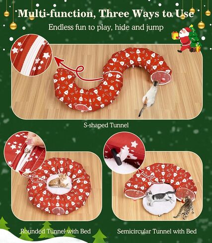 سرير نفق للقطط من باوابو تحت شجرة عيد الميلاد، 35.4 بوصة لعبة قطط عيد الميلاد نفق دائري مع كرة لعبة، نفق أنبوبي كيتي قابل للطي احتفالي لعيد الميلاد للحيوانات الصغيرة (شجرة عيد الميلاد الحمراء) in Kuwait