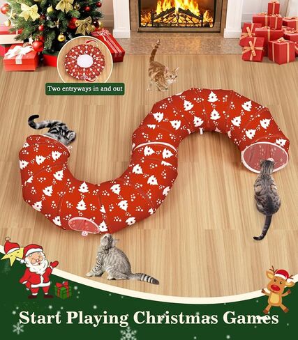 سرير نفق للقطط من باوابو تحت شجرة عيد الميلاد، 35.4 بوصة لعبة قطط عيد الميلاد نفق دائري مع كرة لعبة، نفق أنبوبي كيتي قابل للطي احتفالي لعيد الميلاد للحيوانات الصغيرة (شجرة عيد الميلاد الحمراء) in Kuwait