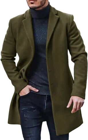 Men's Trench Coat Slim Fit Notch Lapel Single Breasted Top Coat Winter Warm Cotton Business Long Jacket Overcoat in Kuwait