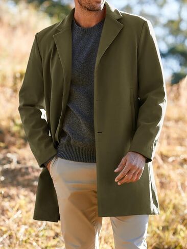 Men's Trench Coat Slim Fit Notch Lapel Single Breasted Top Coat Winter Warm Cotton Business Long Jacket Overcoat in Kuwait