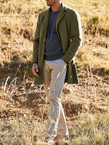 Men's Trench Coat Slim Fit Notch Lapel Single Breasted Top Coat Winter Warm Cotton Business Long Jacket Overcoat in Kuwait