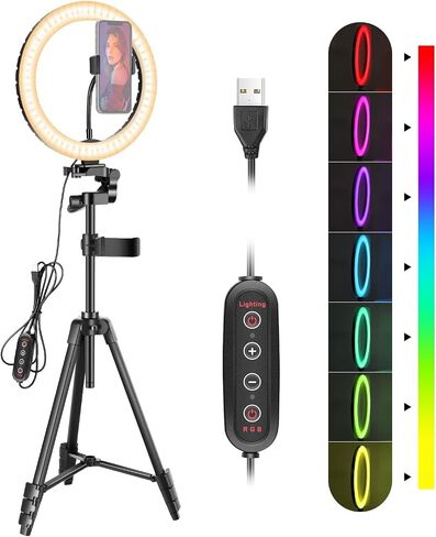 NEEWER 10" RGB Ring Light with Tripod Stand & 2 Phone Holders, Dimmable Selfie Ring Light with 29 Colors for Makeup/Live Streaming/YouTube/Tiktok/Video Shooting, RGB10-H in Saudi Arabia