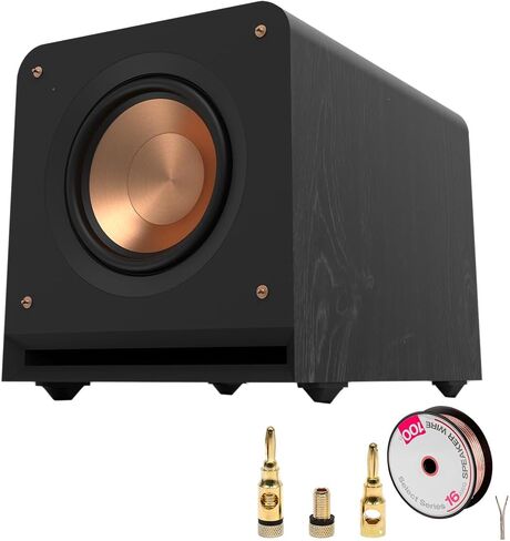 Klipsch RP-1000SW: مضخم صوت عالي الجودة مقاس 10 بوصات لصوت جهير فائق - حزمة من خشب الأبنوس مع سلك مكبر صوت بطول 100 قدم بطول 16 AWG + مقابس مكبر صوت نحاسية، 5 أزواج in Kuwait