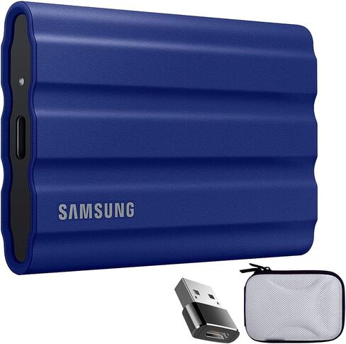 محرك الأقراص الصلبة المحمول SAMSUNG MU-PE2T0R/AM T7 Shield سعة 2 تيرابايت 2022 - حزمة زرقاء مع محول محول من النوع C + حافظة Vivitar الصلبة (أبيض) in Saudi Arabia