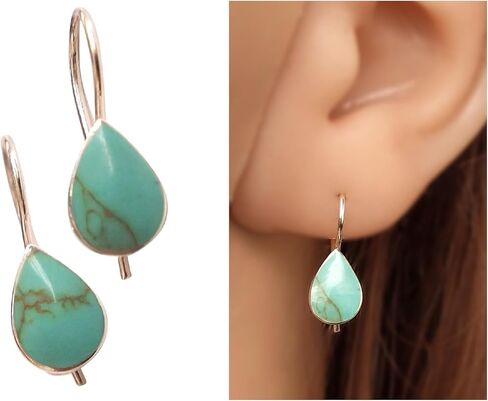 925 Sterling Silver Pear Shape 8x11mm Reconstructed Turquoise GemStone Dangle Hook Earrings for women | Handmade by MiYa Jewelry Creations in Saudi Arabia