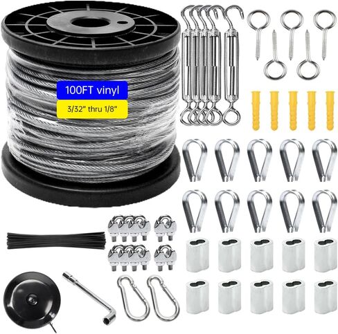 1/8" Wire Rope Kit, Steel Wire Cable, 100FT Turnbuckles for Cables Wire, 1/8" Vinyl Coated Stainless Steel Cable Wire for Outdoor, Garden, Kitchen, Craft with Turnbuckle in Saudi Arabia