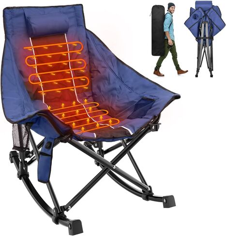 Suteck Heated Rocking Camping Chair, XL Oversized Rocking Chair Outdoor with 3 Heat Levels for Back and Seat, Heated Chairs Outdoor Sports for Patio Lawn Picnic Travel, Power Bank（Not Included） in Saudi Arabia