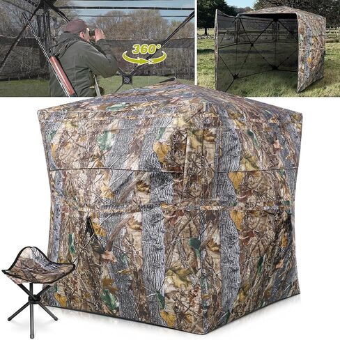 Hunting Blind 360°See Through Ground Blind Full Open Door Deer Blind Camouflage 2-3Person Deer Blind with Silent Sliding Windows, Portable Hunting Tent for Deer Hunting in Kuwait