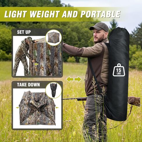 Hunting Blind 360°See Through Ground Blind Full Open Door Deer Blind Camouflage 2-3Person Deer Blind with Silent Sliding Windows, Portable Hunting Tent for Deer Hunting in Kuwait