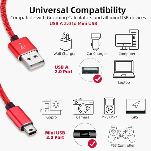 كابل شاحن طاقة USB صغير متوافق مع Texas Instruments TI-84 Plus CE، TI 84 Plus C Silver Edition، TI Nspire CX/TI Nspire CX CAS سلك شحن الآلة الحاسبة الرسومية 3.3FT أحمر in Saudi Arabia