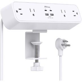PD 30W Desk Clamp Power Strip, Desktop Mount Surge Protector, Fast Charging Station, Desk Mount Power Strip with 4 Outlets 4 USB Ports (2 USB C), 5Ft Extension Cord Desk Outlets for Home Office School