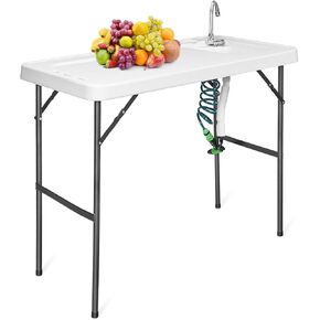 Fish Cleaning Table with Sink, Portable Camping Table w/Flexible Faucet, Drainage Hose Hook Up, Outdoor Fish Cleaning Station for Garden, Backyard, Kitchen
