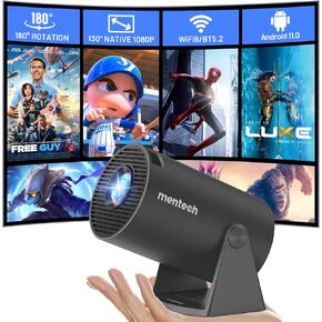 Mini Projector With WiFi and Bluetooth, 180° Rotatable Portable Projector, 150" Smart Projector with Android TV 11.0, 1080P Support 4K Decoding, 2.4G/5G WiFi6, Auto Keyston for Home Theater, Iron Grey