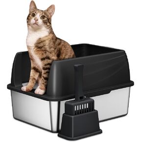 Denkee Stainless Steel Litter Box for Kittens, Small Cat Litter Box with High Sides 17" L x 13.3" W x 11.6" H, Metal Kitty Litter Box Non-Sticky, Anti-Urine Leakage, Black